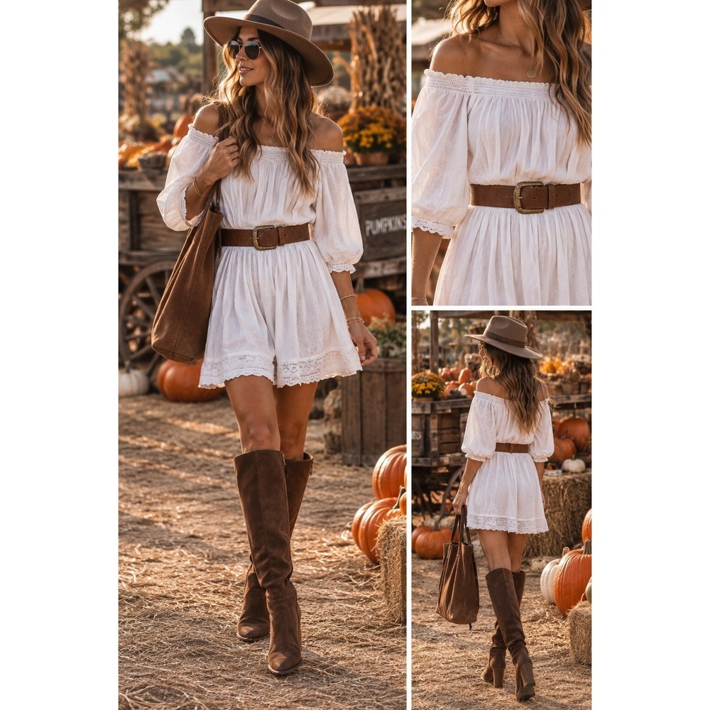 melissa odabash designer mini white fall peasant boho off shoulder dress Med euc